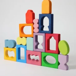 Bauspiel Fenster | 16 bunte Holzteile im Holzrahmen