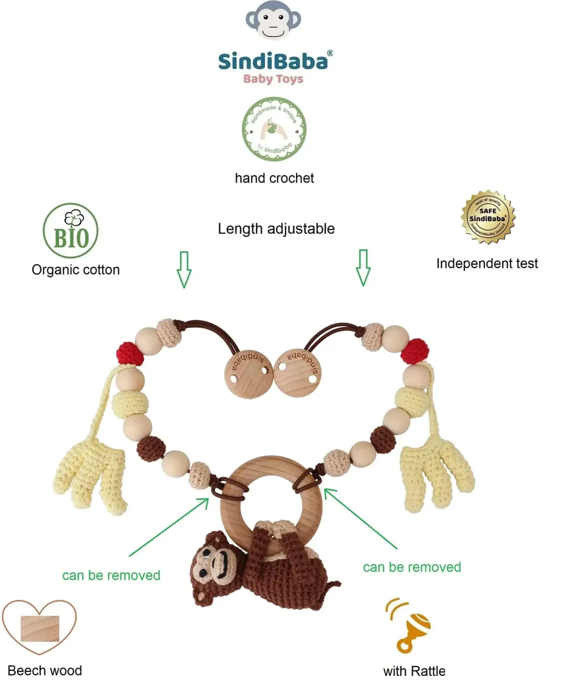 Gehäkelte Kinderwagen-Kette aus Bio-Baumwolle | Affe Charlie 3in1