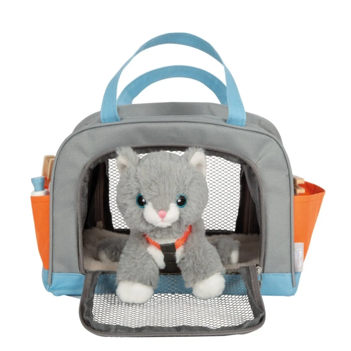 Katze mit Tasche und Pflege-Set