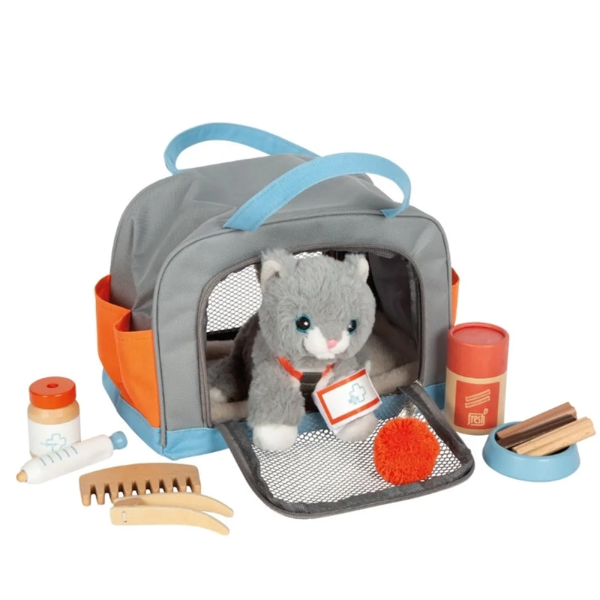 Katze mit Tasche und Pflege-Set