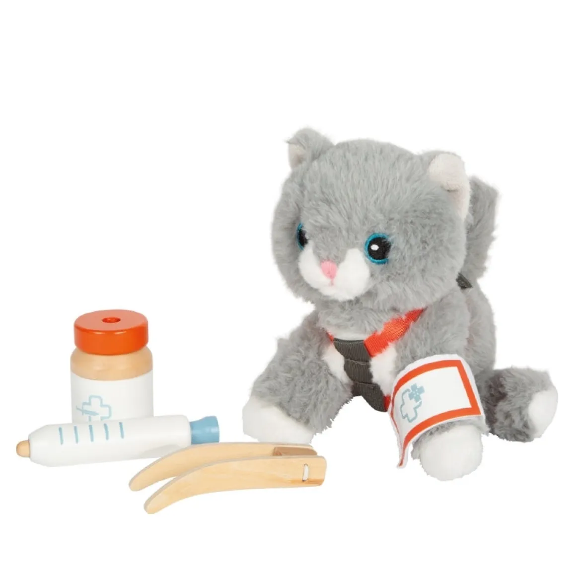 Katze mit Tasche und Pflege-Set